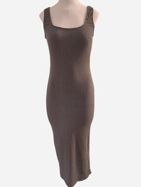 Zara Ribbed Square-Neck Midi Dress in Khaki Green